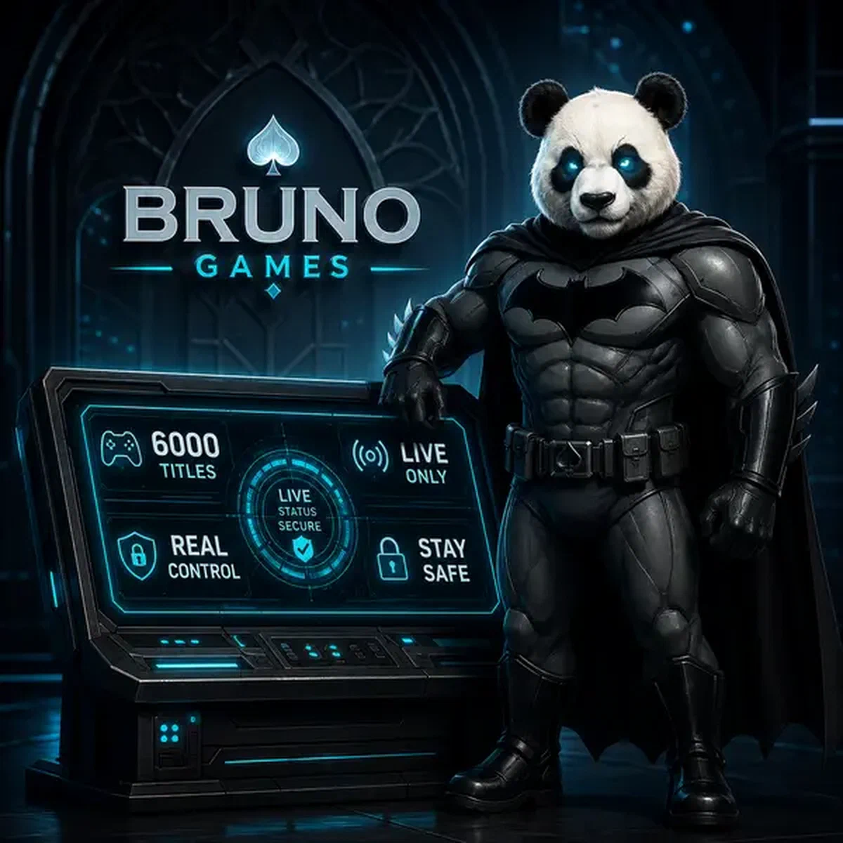Bruno el Panda monitoreando la seguridad del casino en vivo en el centro de comando de Bruno Casino Games