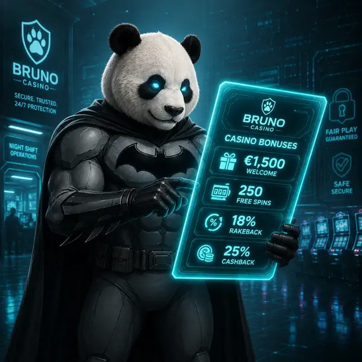 Bruno el Panda mostrando bonos de Bruno Casino en interfaz de tableta digital brillante