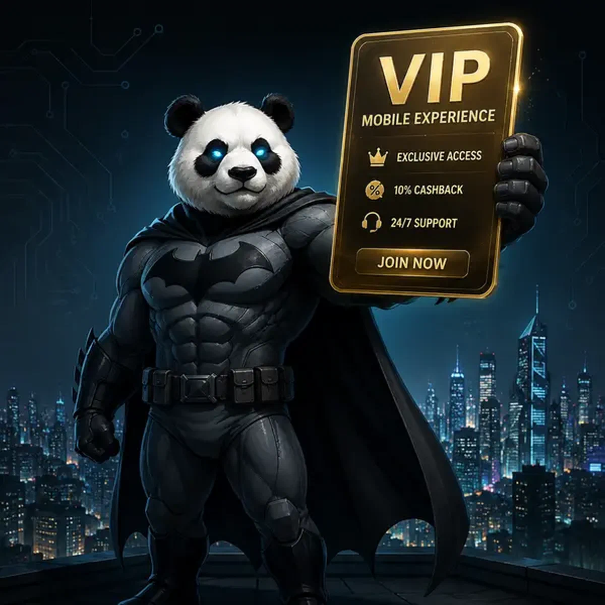 Οθόνη λήψης εφαρμογής VIP Mobile Experience με το πάντα Bruno να κρατά αποκλειστική χρυσή κάρτα πρόσβασης
