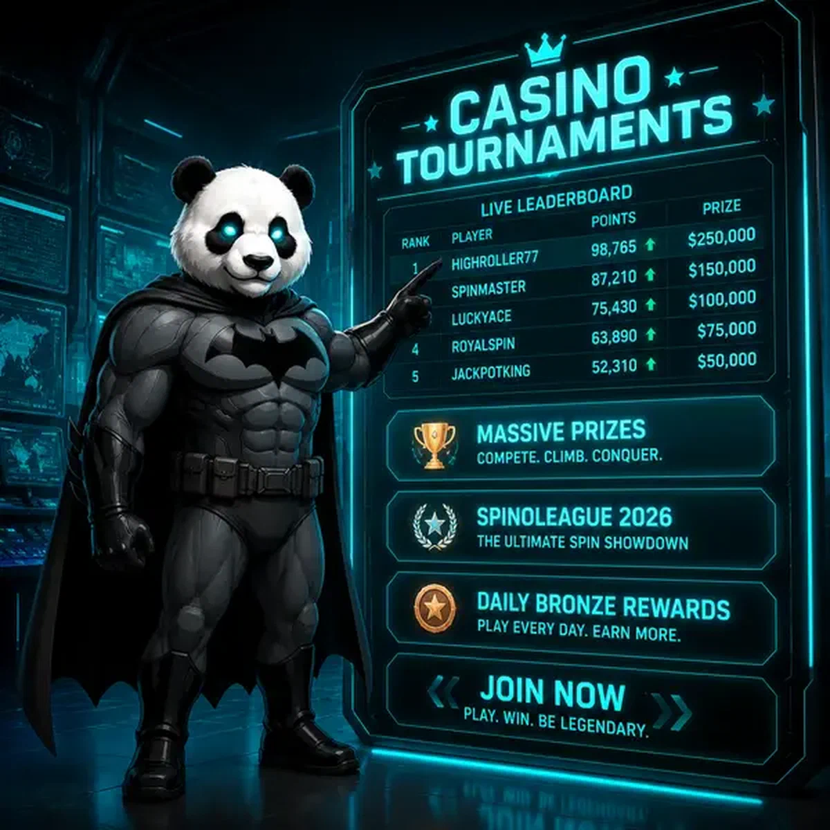 Bruno el Panda supervisando torneos en Bruno Casino con pantallas de clasificación mostrando rankings de premios