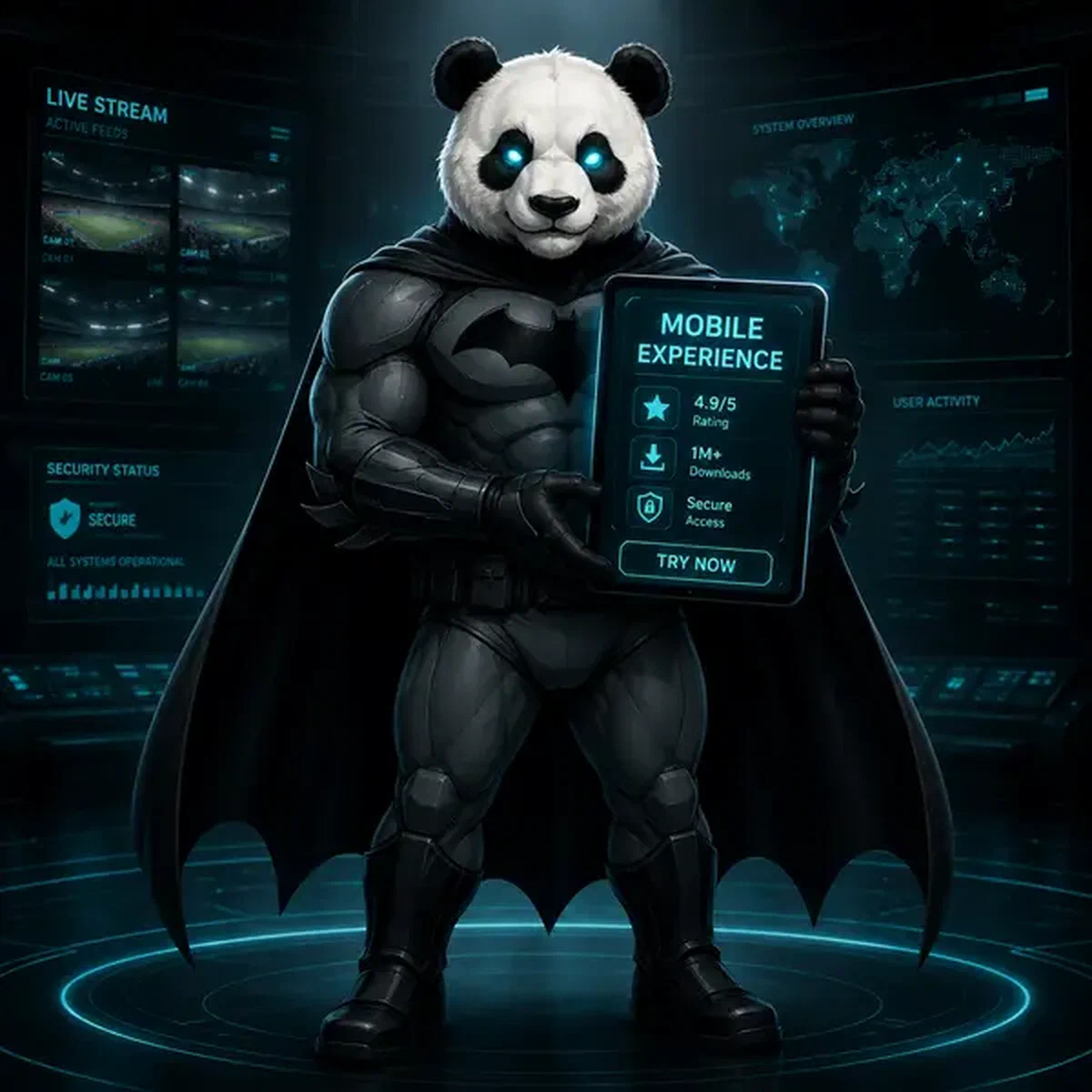 Bruno el Panda sosteniendo tableta de alta tecnología con aplicación móvil de Bruno Casino brillando en pantalla