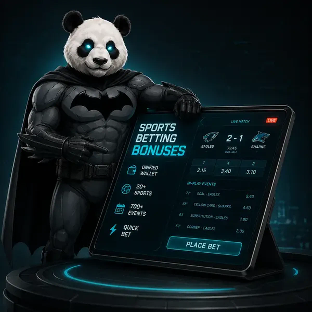 Bruno el Panda supervisando datos de apuestas deportivas en tableta brillante en sala de control de Bruno Casino