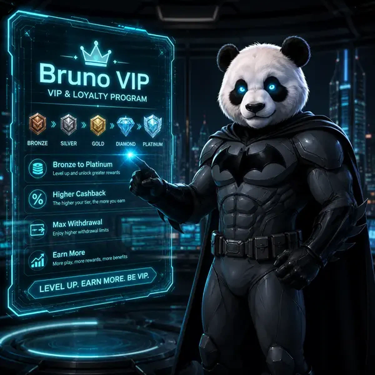 Bruno el Panda con traje blindado gestionando interfaz del programa de fidelidad VIP de Bruno con beneficios por nivel